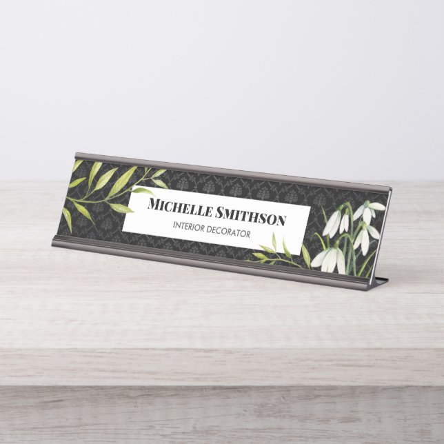 Watercolor White Snowdrops and Laurel Damask Desk Name Plate (Front)