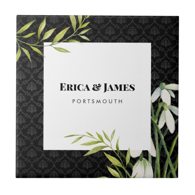 Watercolor White Snowdrops and Laurel Damask Tile (Front)