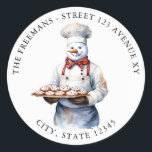 Watercolor White Snowman Chef Funny Christmas Classic Round Sticker<br><div class="desc">A snowman wearing a chef's hat and apron,  holding a tray of cookies,  perfect for spreading holiday cheer.</div>