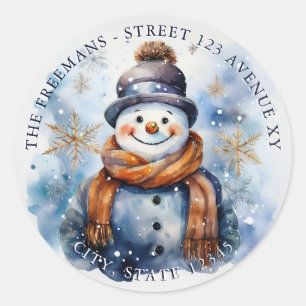 Watercolor White Snowman in Snow Christmas Classic Round Sticker