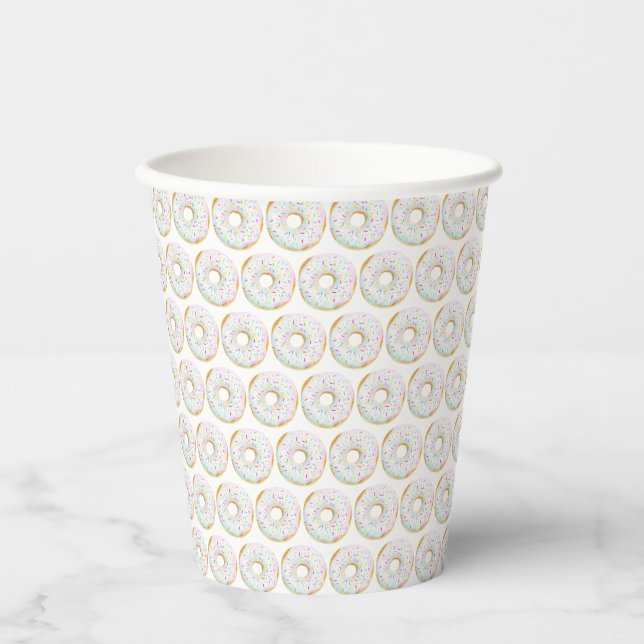 Watercolor White Sprinkle Doughnuts Pattern Birthd Paper Cups (Front)