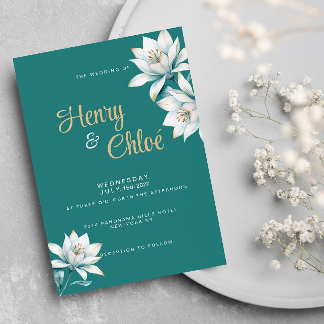Watercolor white teal gold lily floral Wedding Invitation (Watercolor white teal gold lily floral Wedding )