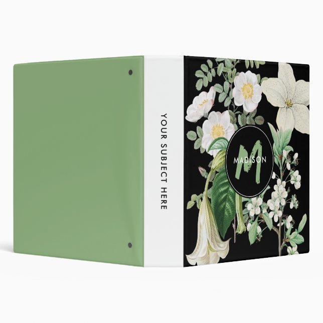 Watercolor White Wildflowers Sage Green Monogram Binder (Background)