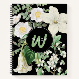 Watercolor White Wildflowers Sage Green Monogram  Notebook