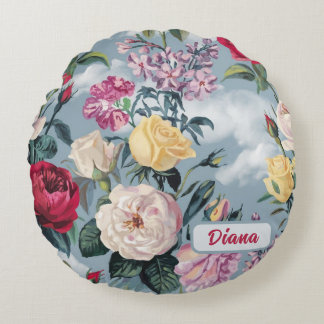  Watercolor White, Yellow And Pink Roses  Round Pillow