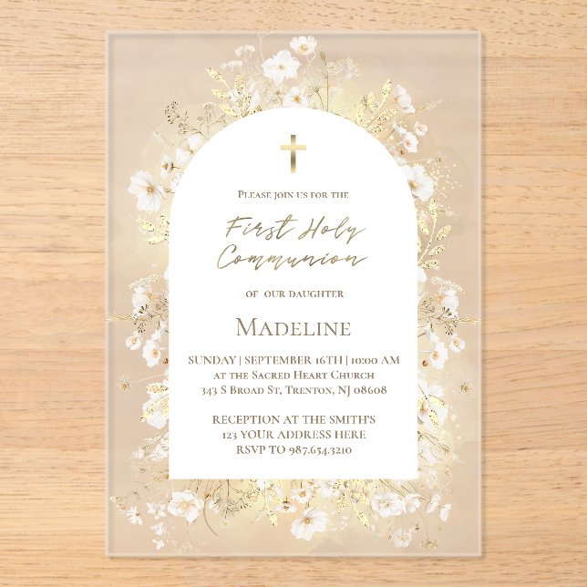 watercolor white yellow flowers First Communion Acrylic Invitations (Front)