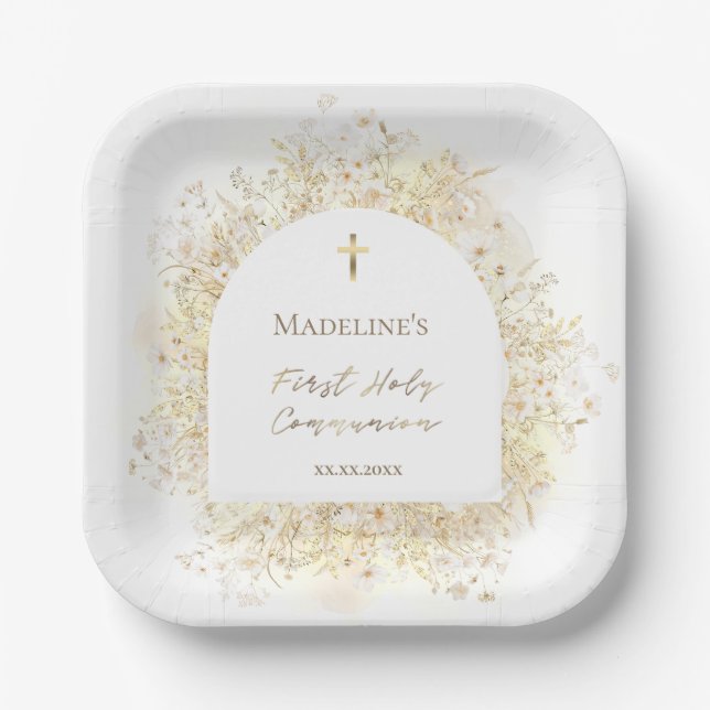watercolor white yellow flowers First Communion Paper Plate (Front)