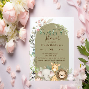 Watercolor Wild Animals Flowers Baby Shower Invitation