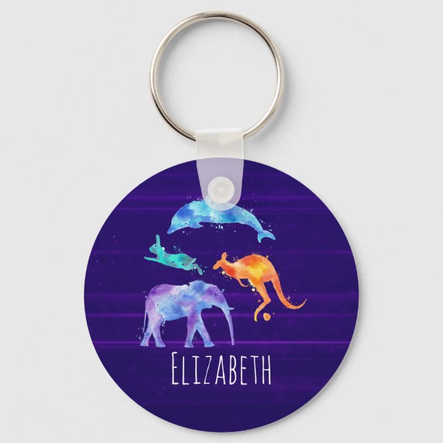 Watercolor Wild Animals On Purple Keychain (Front)