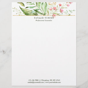 Watercolor Wild Floral Green Foliage Letterhead
