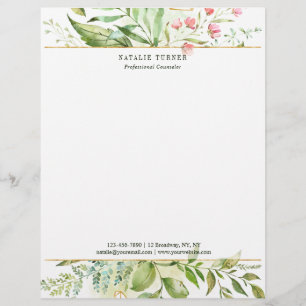 Watercolor Wild Floral Green Foliage Letterhead