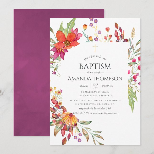 Watercolor Wild Flower Baptism or Christening Invitation (Front/Back)