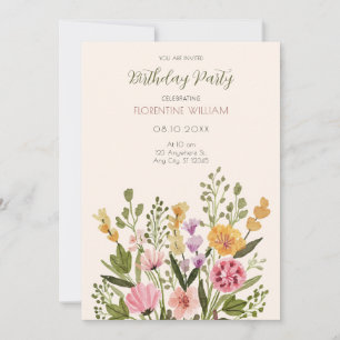 Watercolor wild flower bouquet birthday invitation
