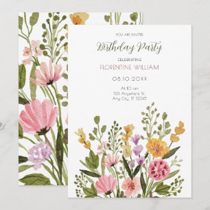Watercolor wild flower bouquet birthday invitation