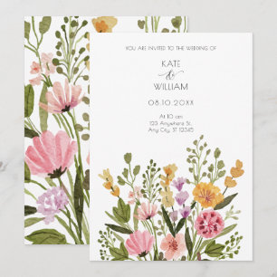 Watercolor wild flower bouquet wedding invitation