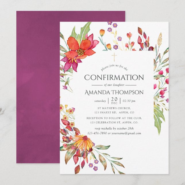 Watercolor Wild Flower Confirmation Invitation (Front/Back)