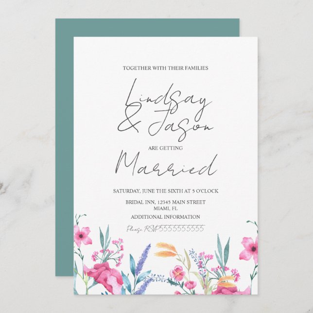 Watercolor Wild Flower Green Script Wedding Invitation (Front/Back)