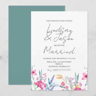 Watercolor Wild Flower Green Script Wedding Invitation