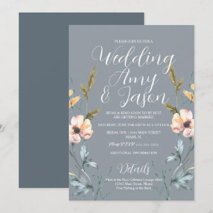 Watercolor Wild Flower Muted Grey Wedding Invitation