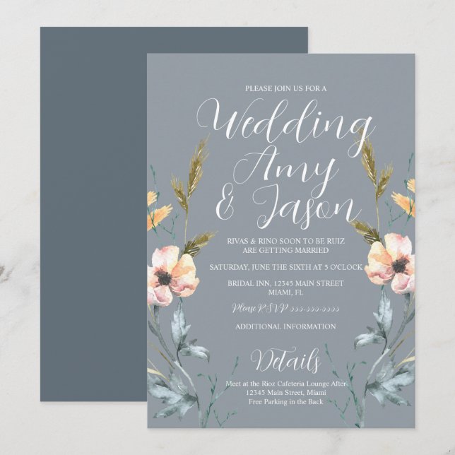 Watercolor Wild Flower Muted Grey Wedding Invitation (Front/Back)