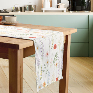 Watercolor Wild Flowers Floral Botanical Pattern Short Table Runner