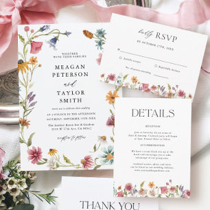 Watercolor Wild Flowers Floral Wedding Invitation