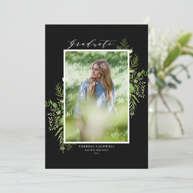 Watercolor Wild Foliage Black Photo Graduation Invitation (Standing Front)