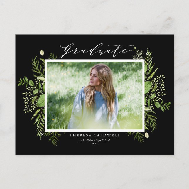 Watercolor Wild Foliage Black Photo Graduation  Postcard (Front)