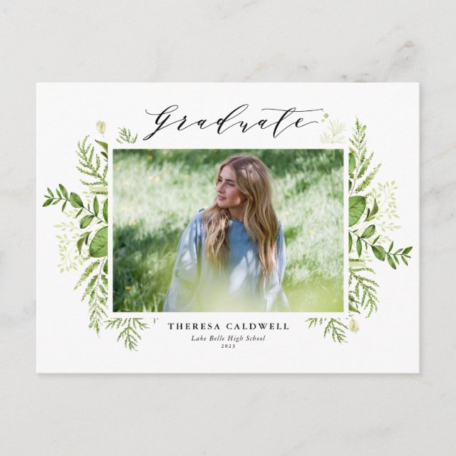 Watercolor Wild Foliage Black Photo Graduation  Postcard (Front)