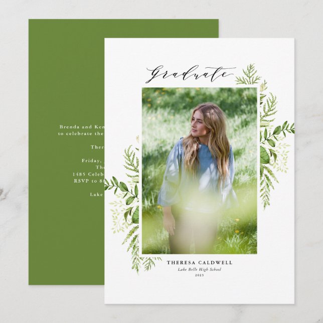 Watercolor Wild Foliage White Photo Graduation Invitation (Front/Back)