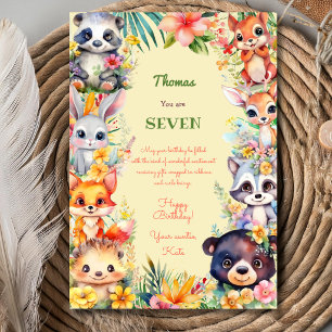 Watercolor Wild forest animals kids happy birthday Card