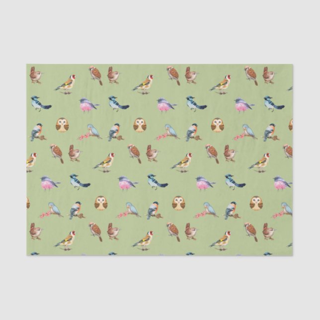 Watercolor Wild Forest Birds Green   Tissue Paper (Front)