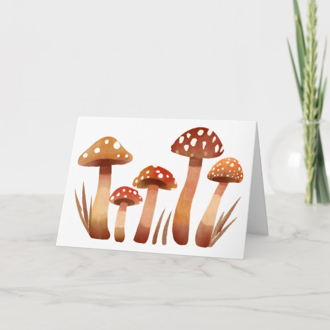 Watercolor Wild Forest Mushrooms in the Grass  Card (Front)