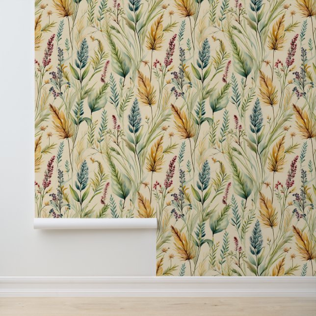 Watercolor Wild Grasses on Cream Wallpaper (Application)