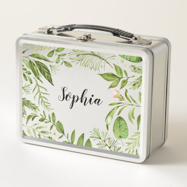 Watercolor Wild Green Foliage Personalized Metal Lunch Box (Front)