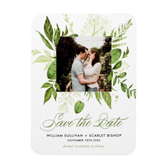 Watercolor Wild Green Foliage Photo Save the Date Magnet (Vertical)