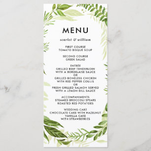 Watercolor Wild Green Foliage Wedding Menu Card