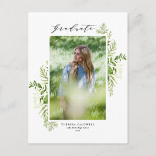 Watercolor Wild Greenery White Photo Graduation Postcard