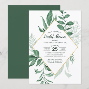 Watercolor Wild Leaves Hunter Green Bridal Showe Invitation