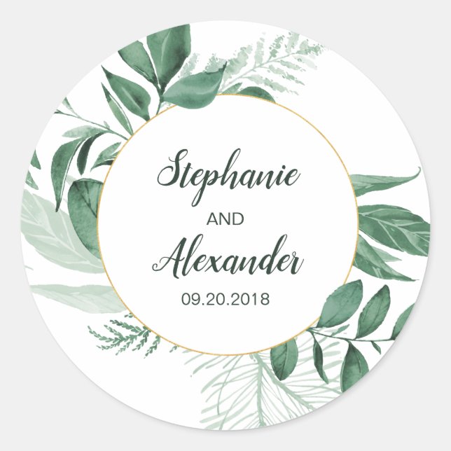 Watercolor Wild Leaves Hunter Green Wedding Classic Round Sticker (Front)