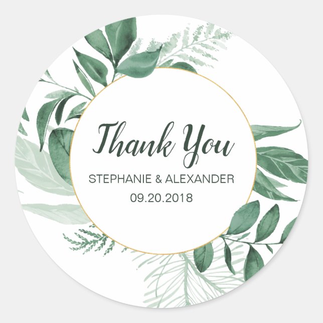 Watercolor Wild Leaves Hunter Green Wedding Classic Round Sticker (Front)