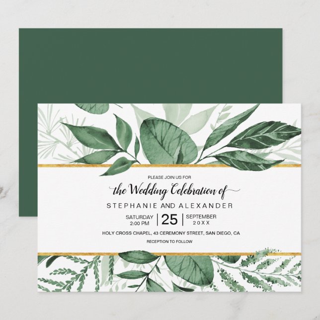 Watercolor Wild Leaves Hunter Green Wedding Invitation (Front/Back)