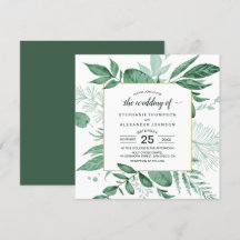 Watercolor Wild Leaves Hunter Green Wedding