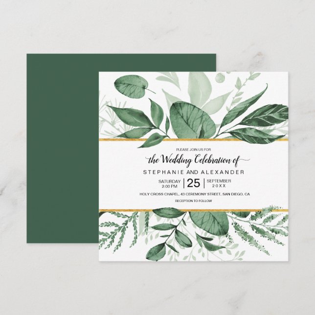 Watercolor Wild Leaves Hunter Green Wedding Invitation (Front/Back)