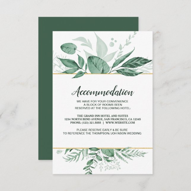 Watercolor Wild Leaves Hunter Green Wedding Invitation (Front/Back)