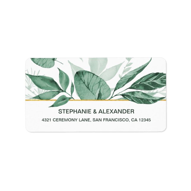 Watercolor Wild Leaves Hunter Green Wedding Label (Front)