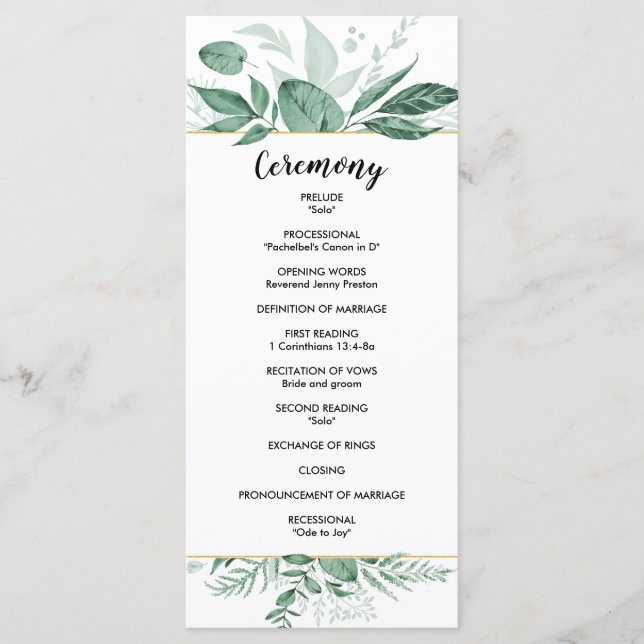 Watercolor Wild Leaves Hunter Green Wedding Program (Front)