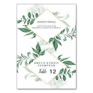Watercolor Wild Leaves Hunter Green Wedding Table Number