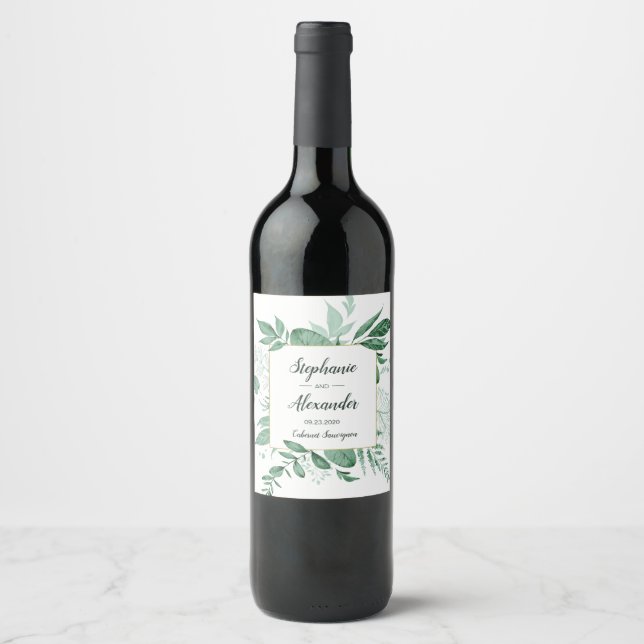 Watercolor Wild Leaves Hunter Green Wedding Wine Label (Front)