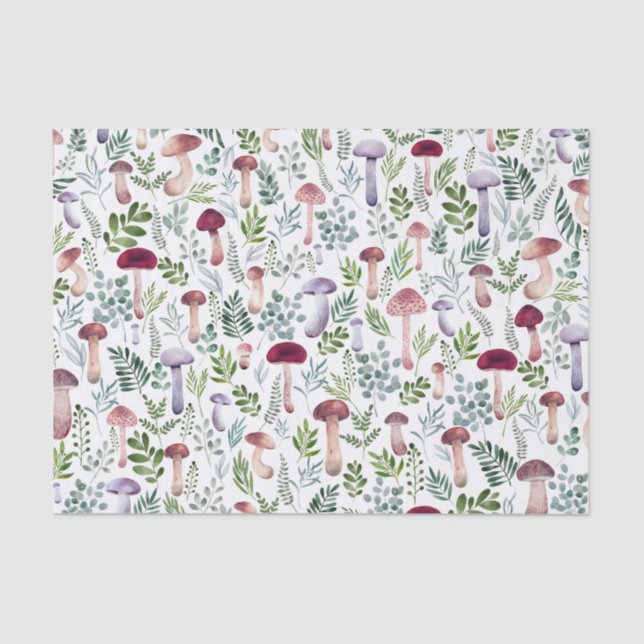 Watercolor Wild Mushrooms and Leaves Pattern  Tissue Paper (Front)